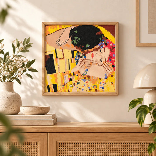 Finished The Kiss mini masterpiece painting displayed in a warm Scandinavian interior