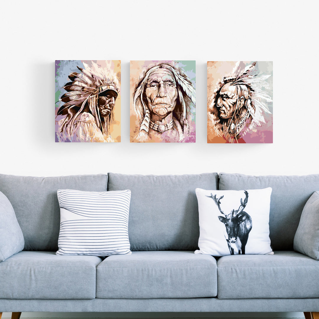 Tribe Of Chiefs: Native American Premium Paint By Numbers Set - 3 pcs paint by number mural