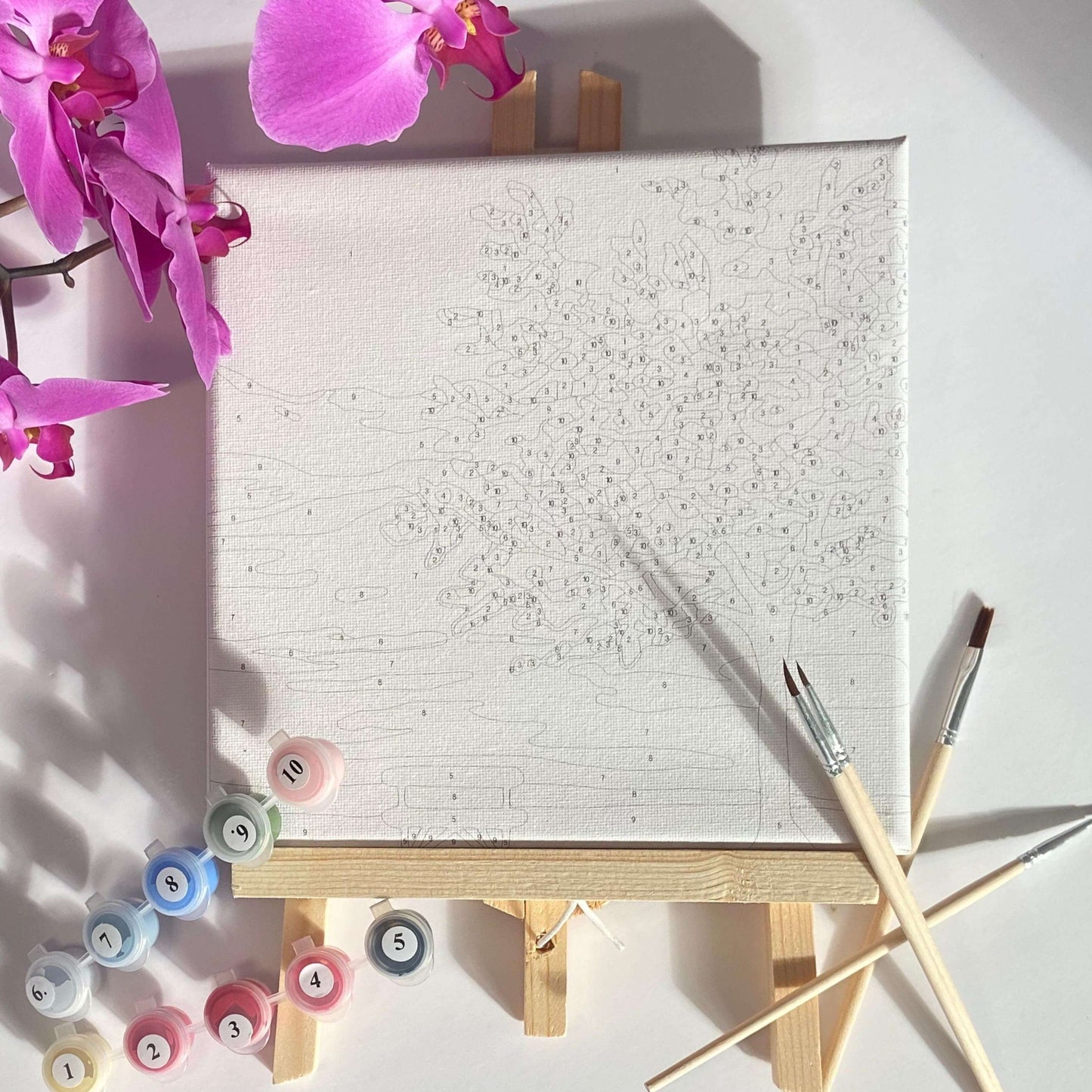 Cherry blossom tree paint by numbers artwork with lake and bench