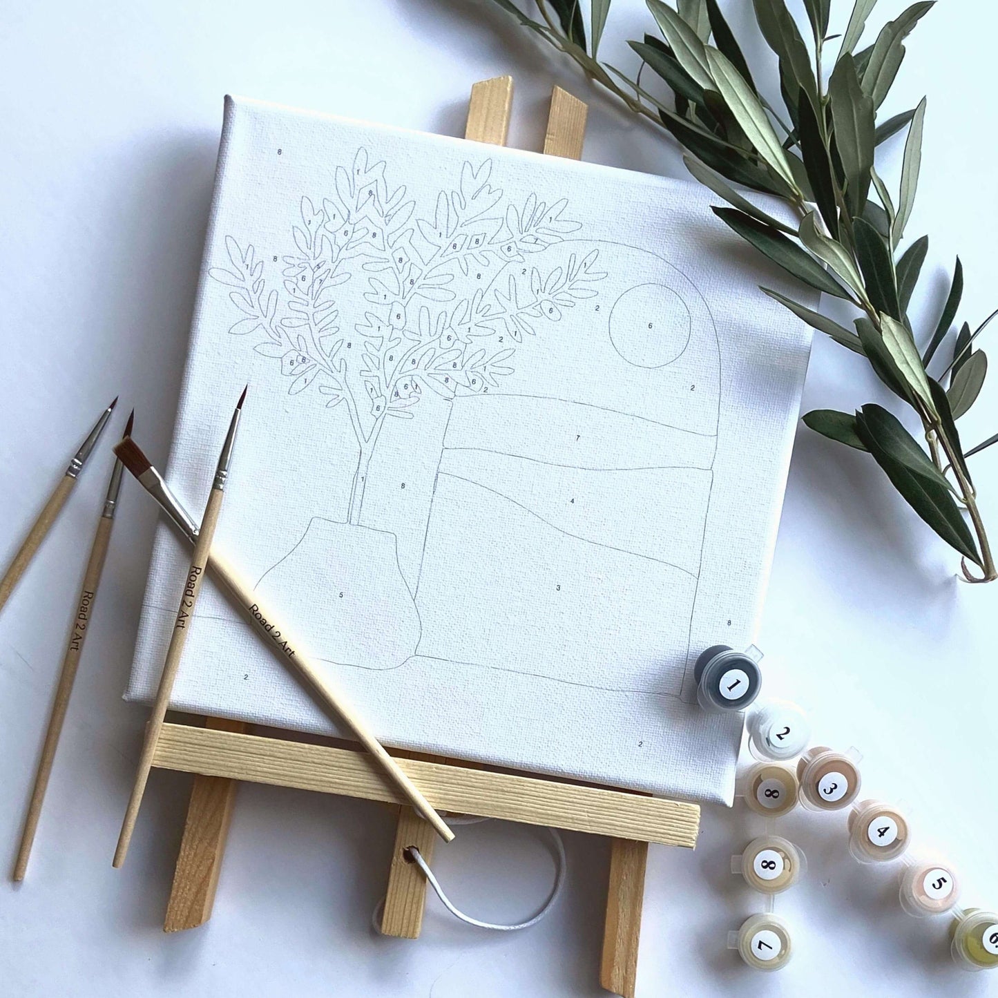 Beginner friendly Olive Tree paint by numbers canvas with easel