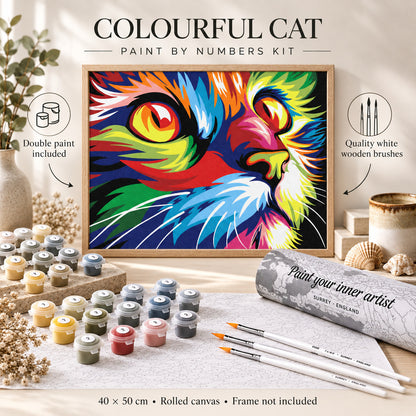 Colourful cat paint by numbers kit mockup with rainbow cat artwork in a wooden frame, paint pots, long white wooden brushes and rolled canvas packaging; double paint included and frame not included.