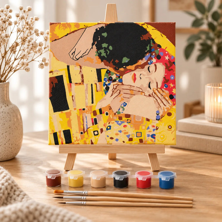 The Kiss 20x20 cm framed paint by numbers mini masterpiece kit with paints, wooden brushes and tabletop easel