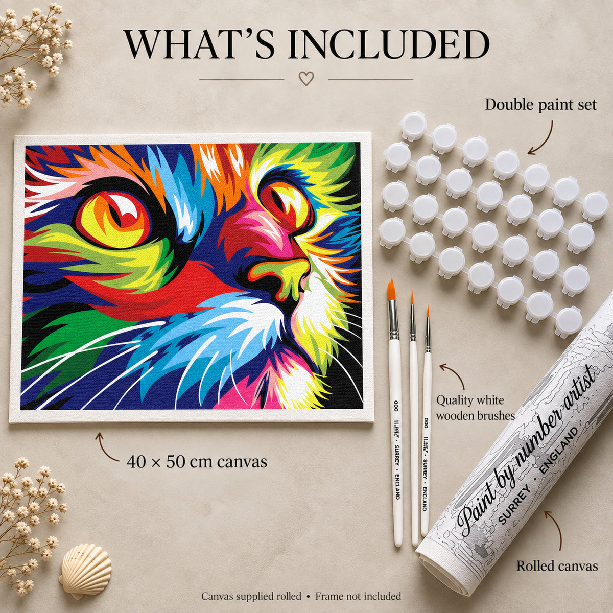 Colourful cat paint by numbers kit contents mockup showing cat artwork, paint pots, three long white wooden brushes and rolled canvas packaging on a cream surface.