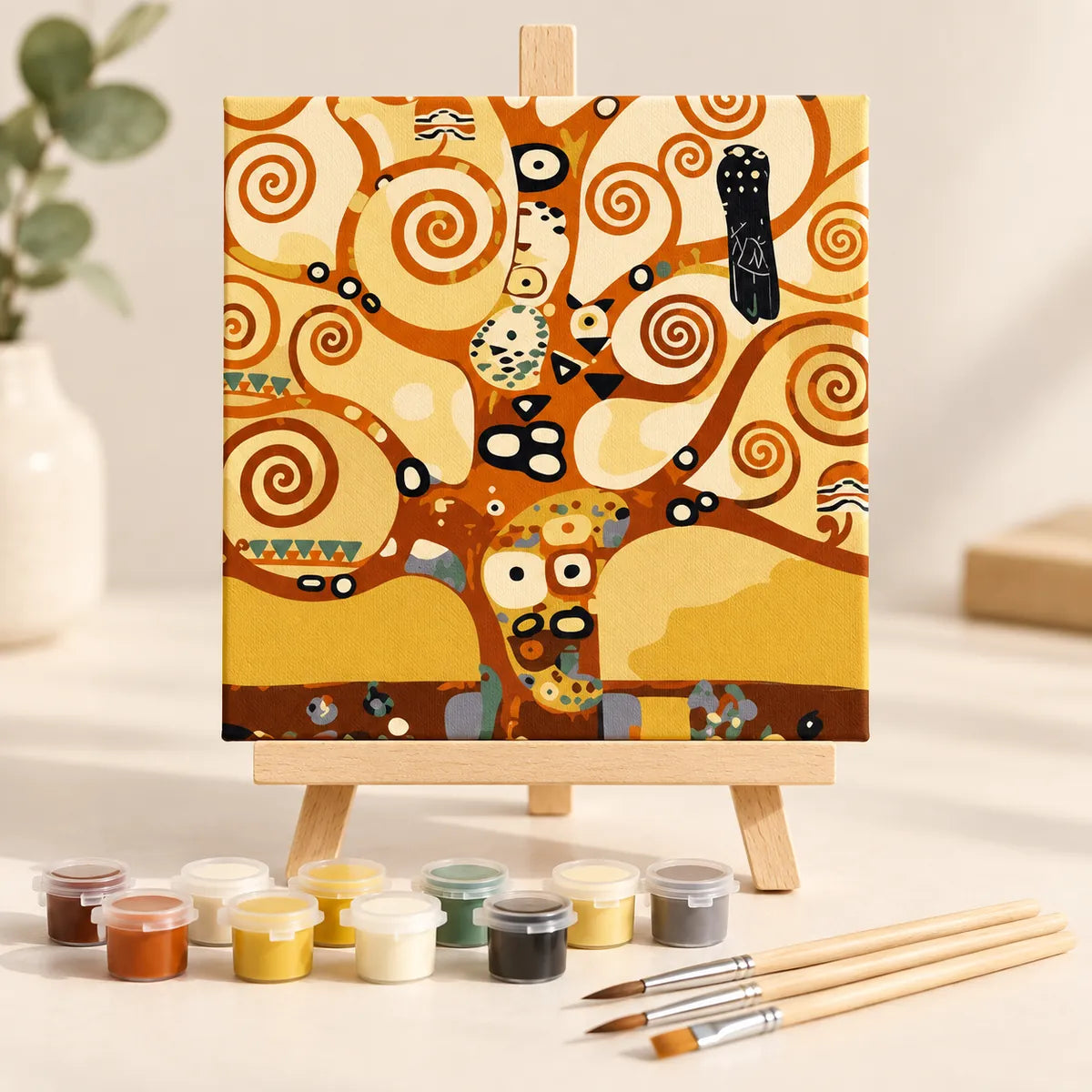 Gustav Klimt Tree of Life mini paint by numbers kit displayed on the included easel