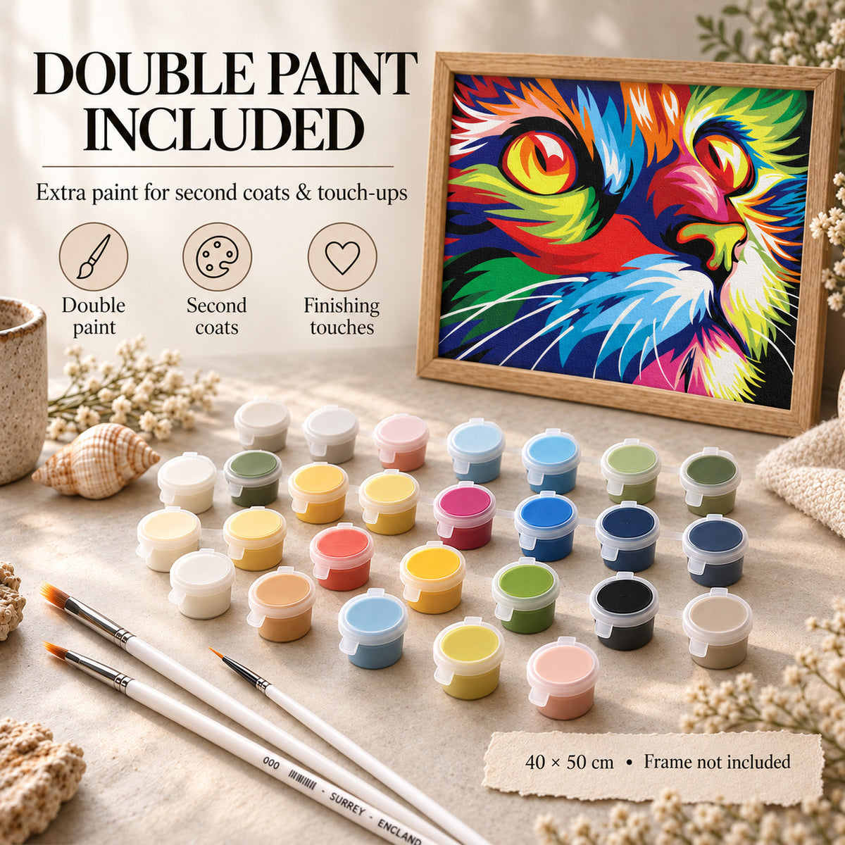 Rainbow cat painting kit mockup with paint pots and white wooden brushes, explaining double paint for second coats and finishing touches.