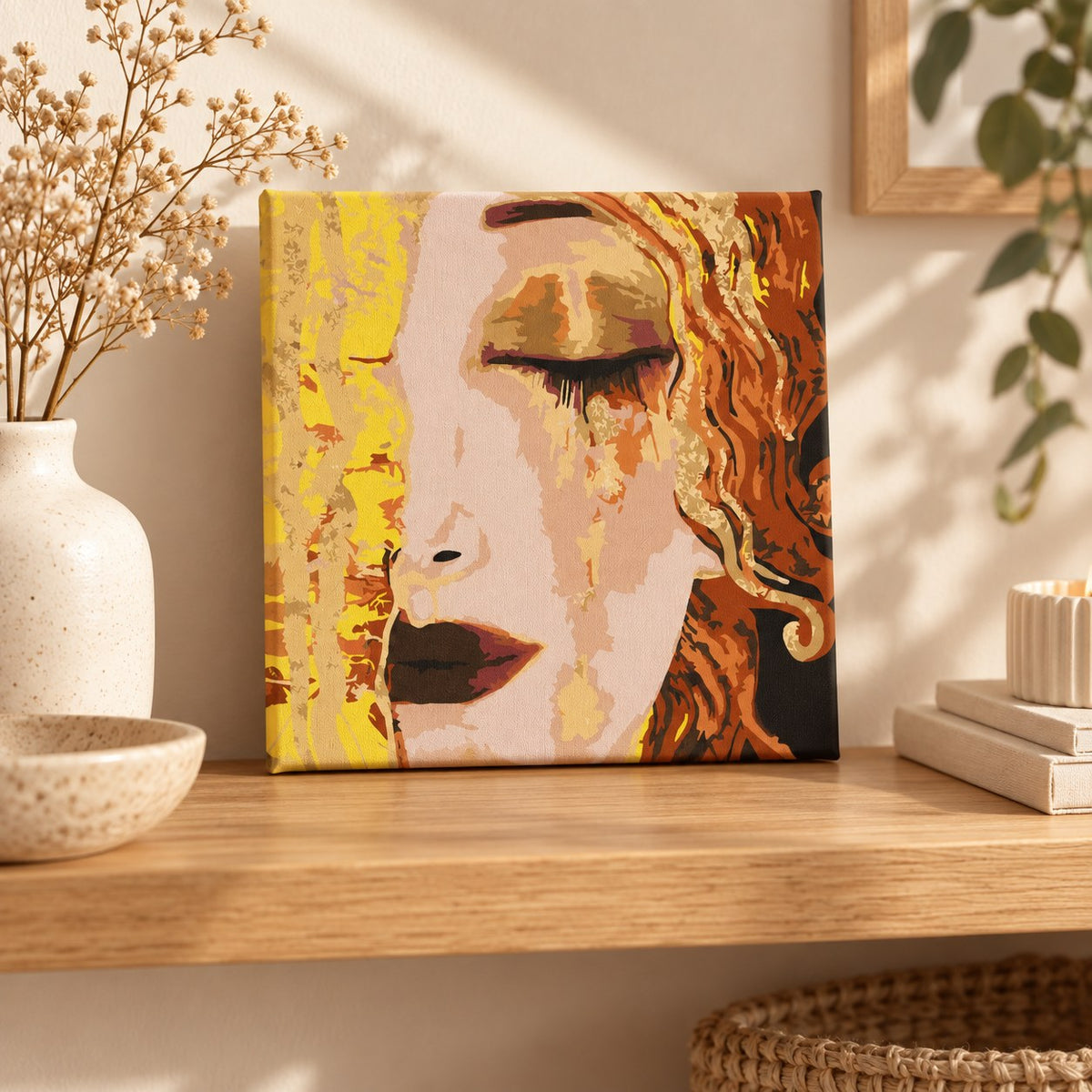 Finished Golden Tears paint by numbers canvas displayed as warm neutral home decor