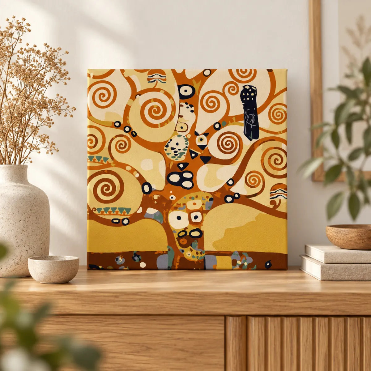 Finished Tree of Life paint by numbers canvas displayed as warm neutral home decor