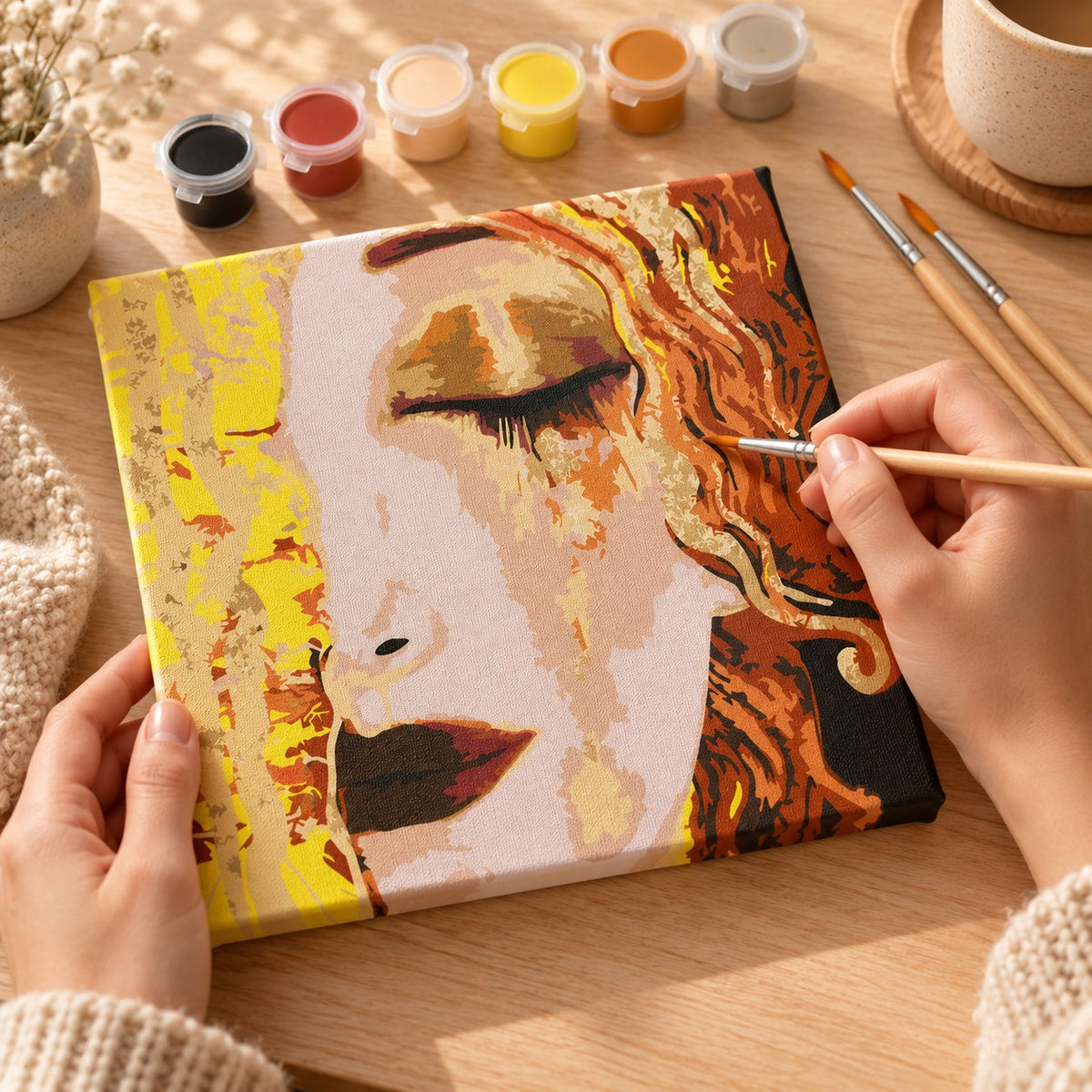 Golden Tears paint by numbers kit being painted with wooden brush and acrylic paints