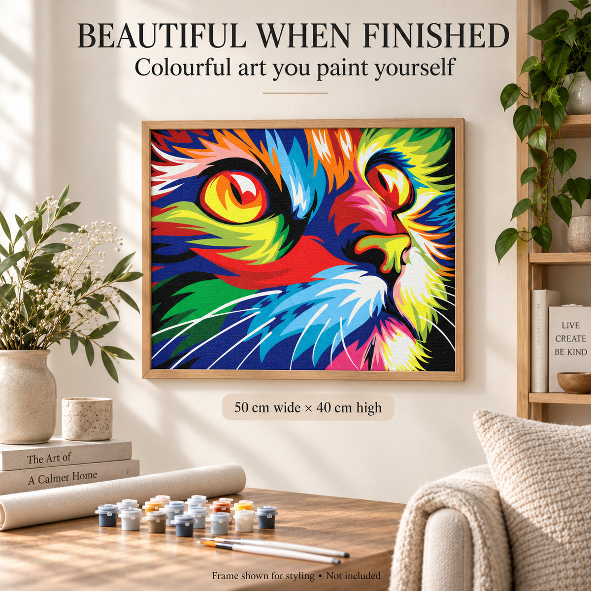 Colourful rainbow cat artwork displayed in a natural wood frame in a neutral room; text states 50 cm wide by 40 cm high and frame not included.
