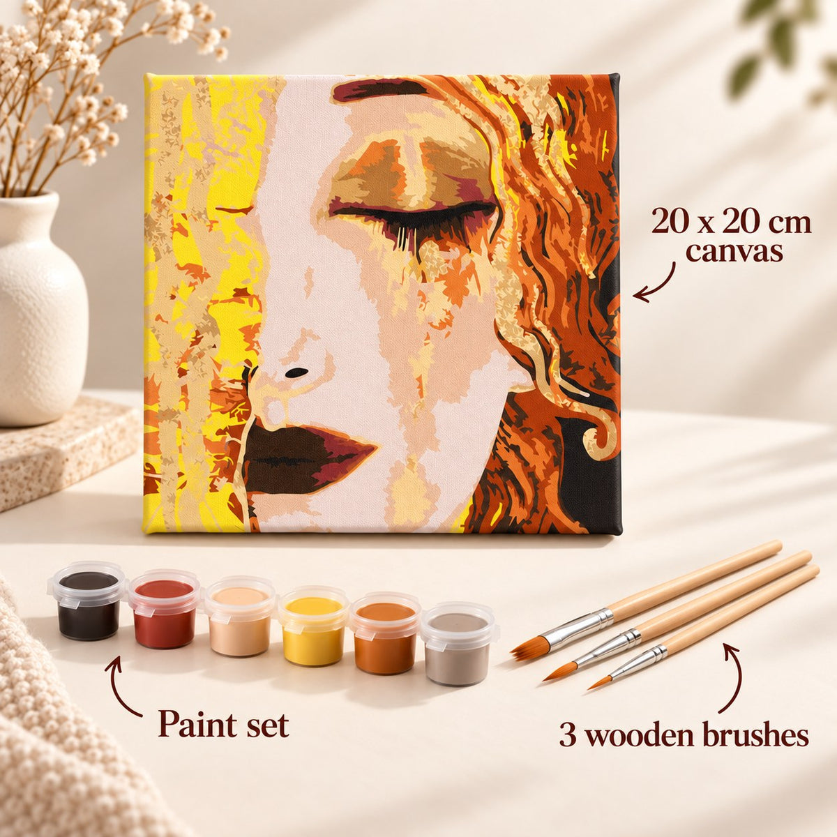 Golden Tears 20x20 cm paint by numbers kit includes canvas, paint set and three wooden brushes