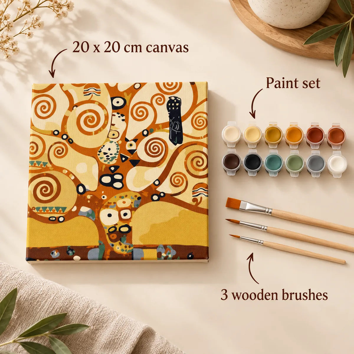 Tree of Life 20x20 cm paint by numbers kit includes canvas, paint set and three wooden brushes