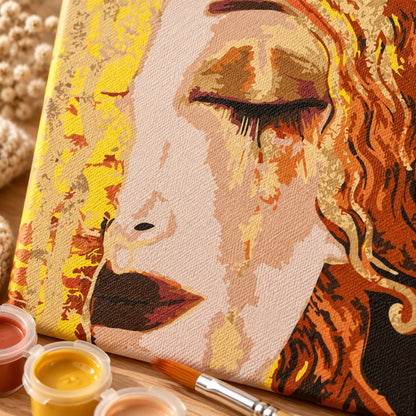 Close-up detail of Golden Tears paint by numbers canvas texture and warm colours