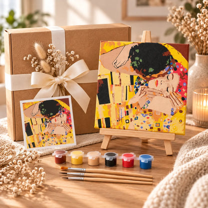 The Kiss mini masterpiece paint by numbers creative gift set with canvas, paints, brushes and gift box