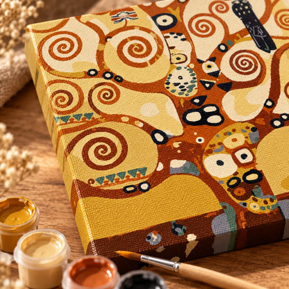 Close-up detail of Tree of Life paint by numbers canvas texture and warm golden colours