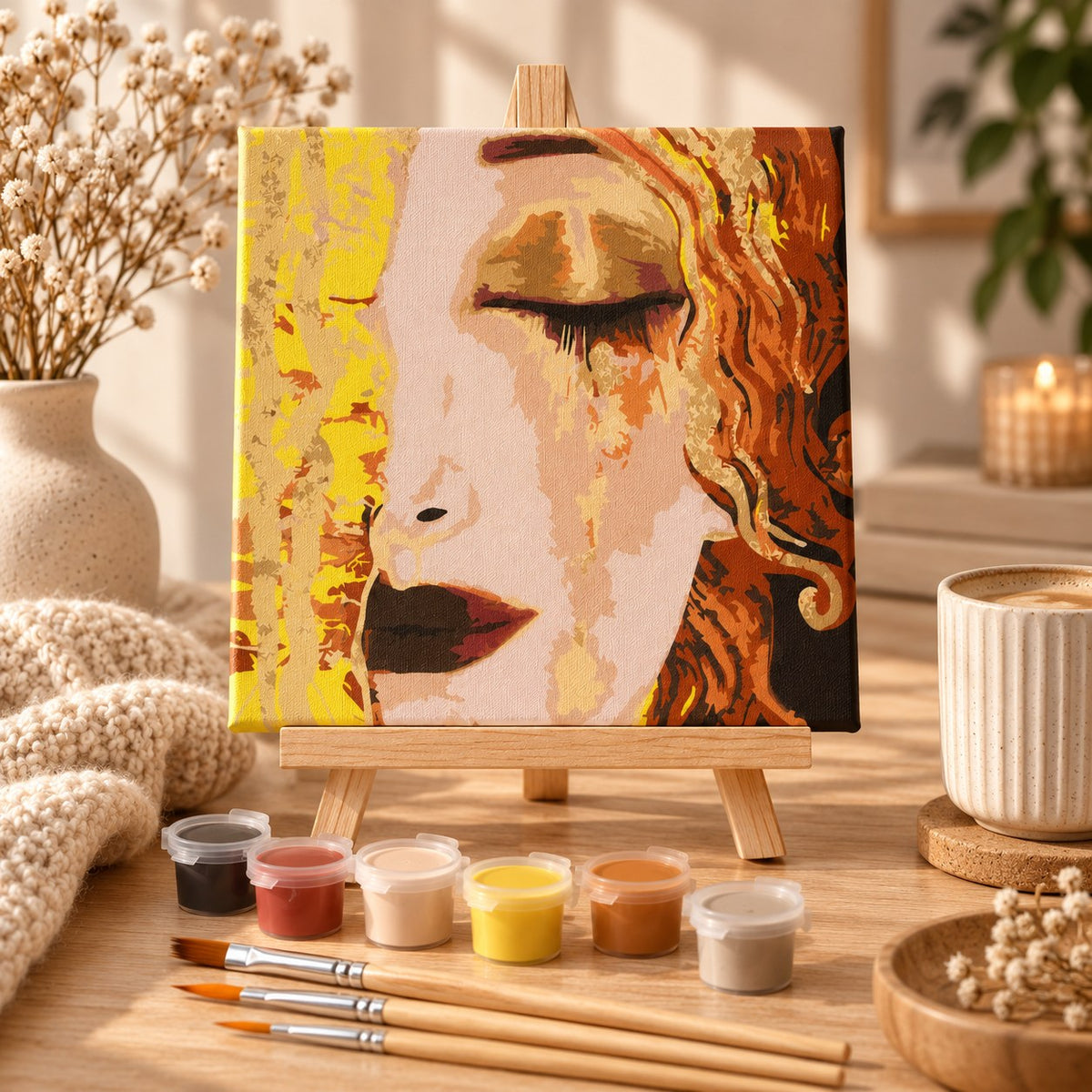 Golden Tears paint by numbers creative gift set in a warm relaxing tabletop scene