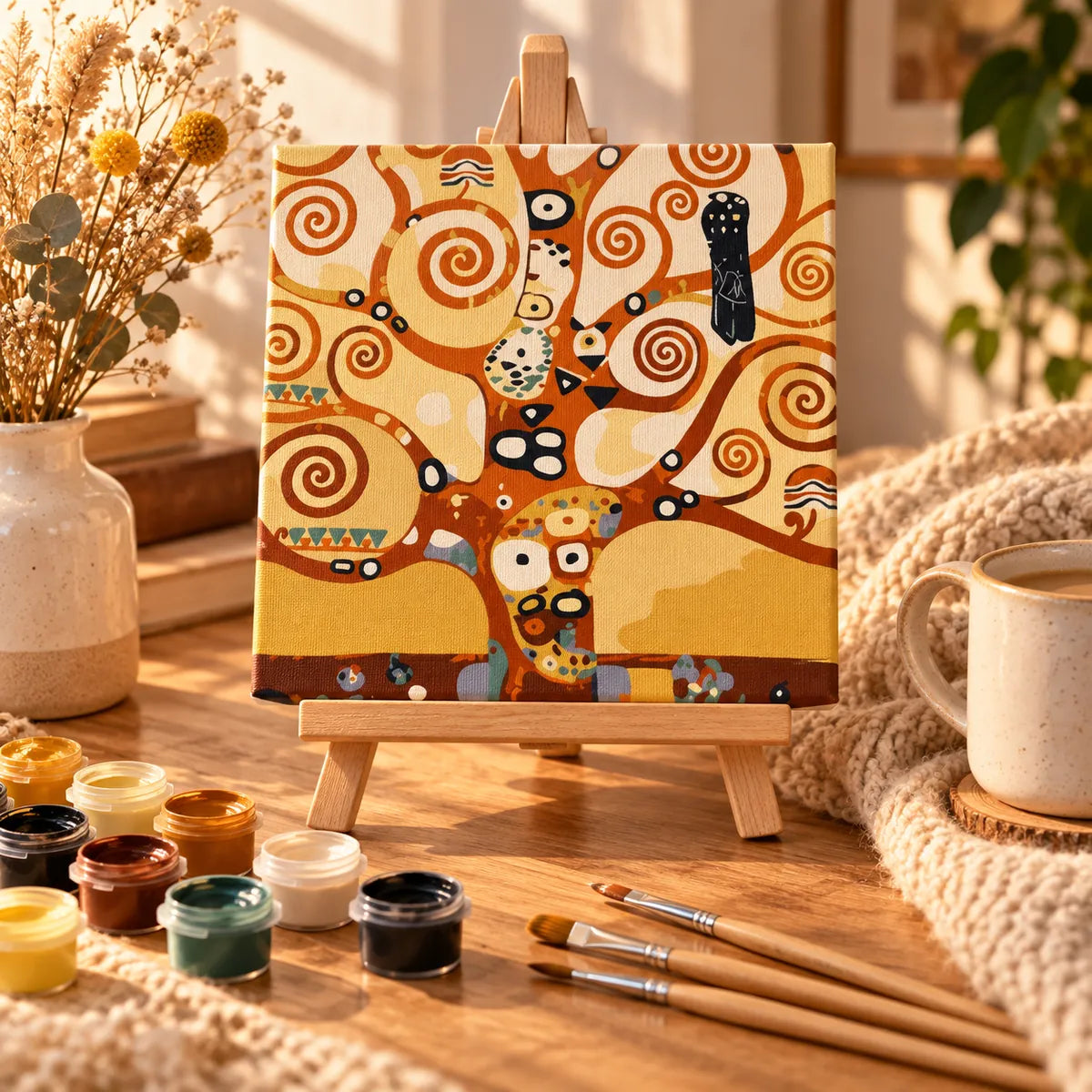 Tree of Life paint by numbers creative gift set in a warm relaxing tabletop scene