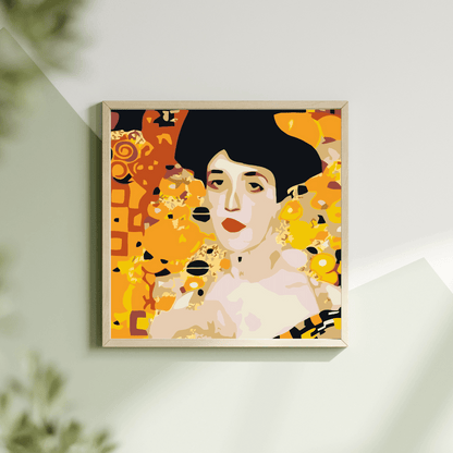 Adult paint by numbers kit in golden Klimt portrait style
