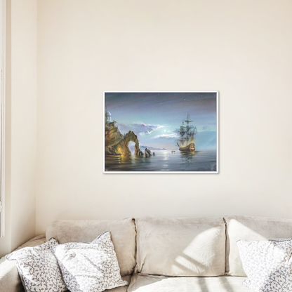 A painting-by-numbers kit depicting a pirate ship on a stormy sea, displayed on a wall above a sofa with a calm, light-filled living room.