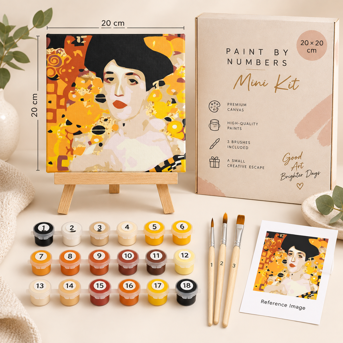 Woman in Gold mini paint by numbers kit contents with canvas, paints, brushes and easel
