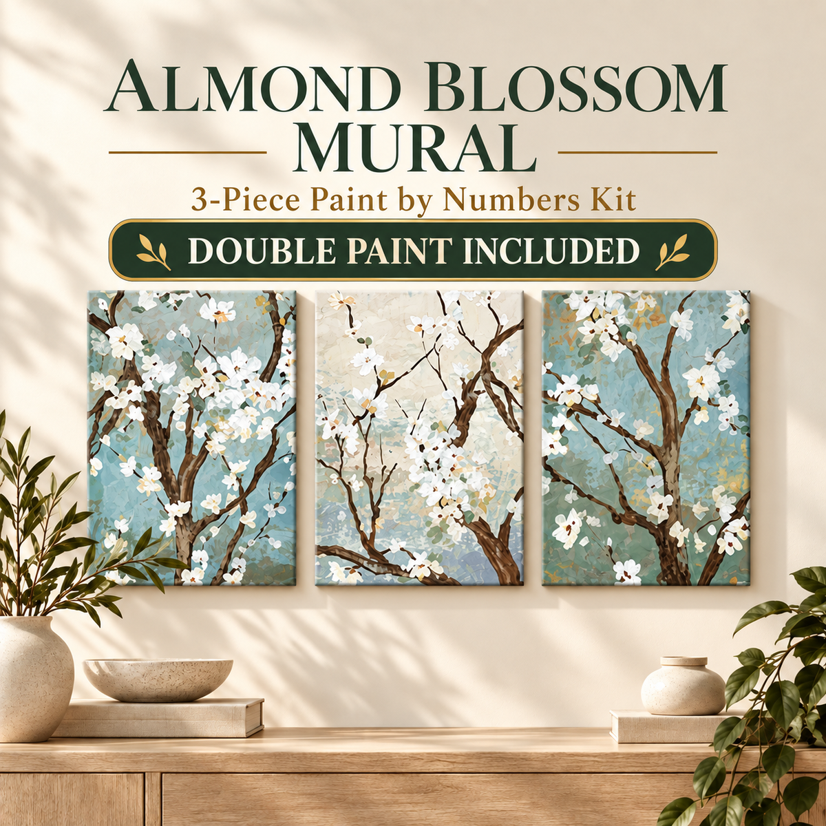 Almond Blossom three-piece paint by numbers mural kit with double paint