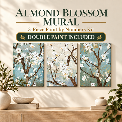 Almond Blossom three-piece paint by numbers mural kit with double paint