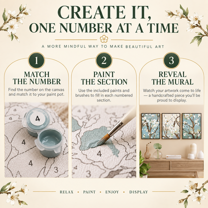 Almond Blossom mural paint by numbers process from numbered canvas to finished artwork