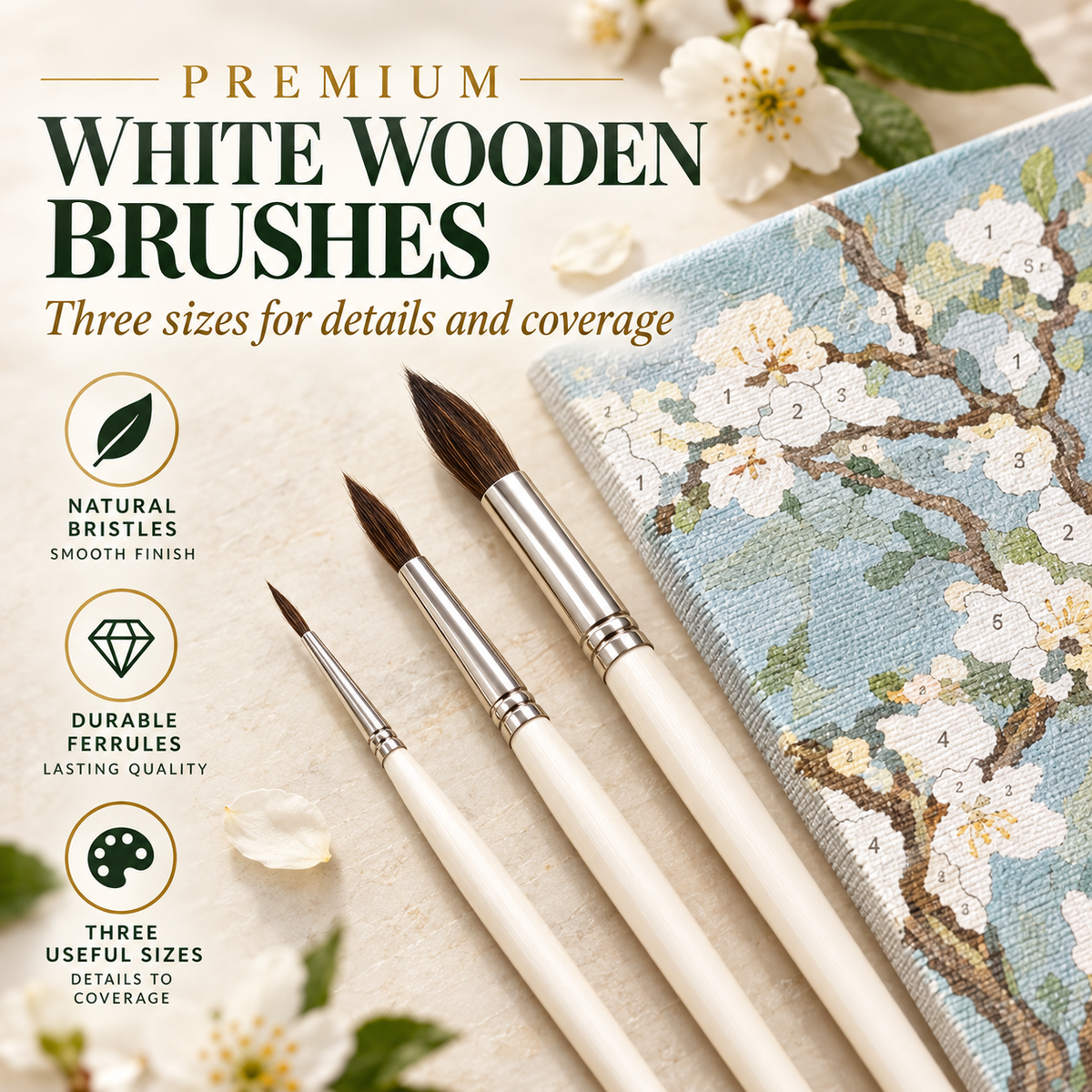 Premium paint brushes included with the Almond Blossom mural kit