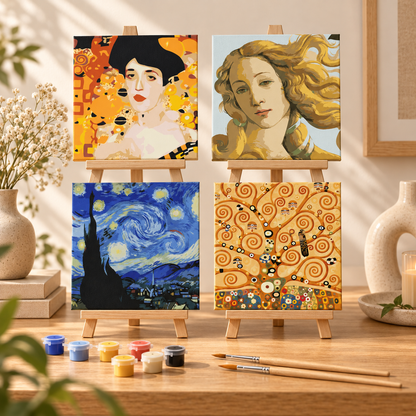 Art Lover paint by numbers set of four with Golden Tears, Golden Venus, Starry Night and Tree of Life on wooden easels
