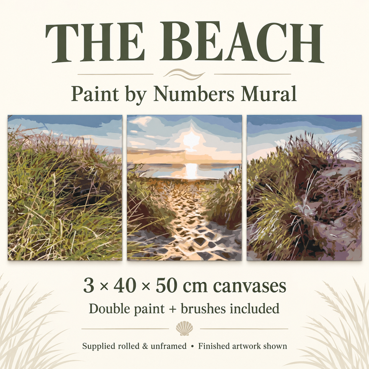 The Beach three-panel paint by numbers mural: dune grasses and a sandy path to the sunset. Three 40 x 50 cm rolled, unframed canvases, double paint and brushes included.