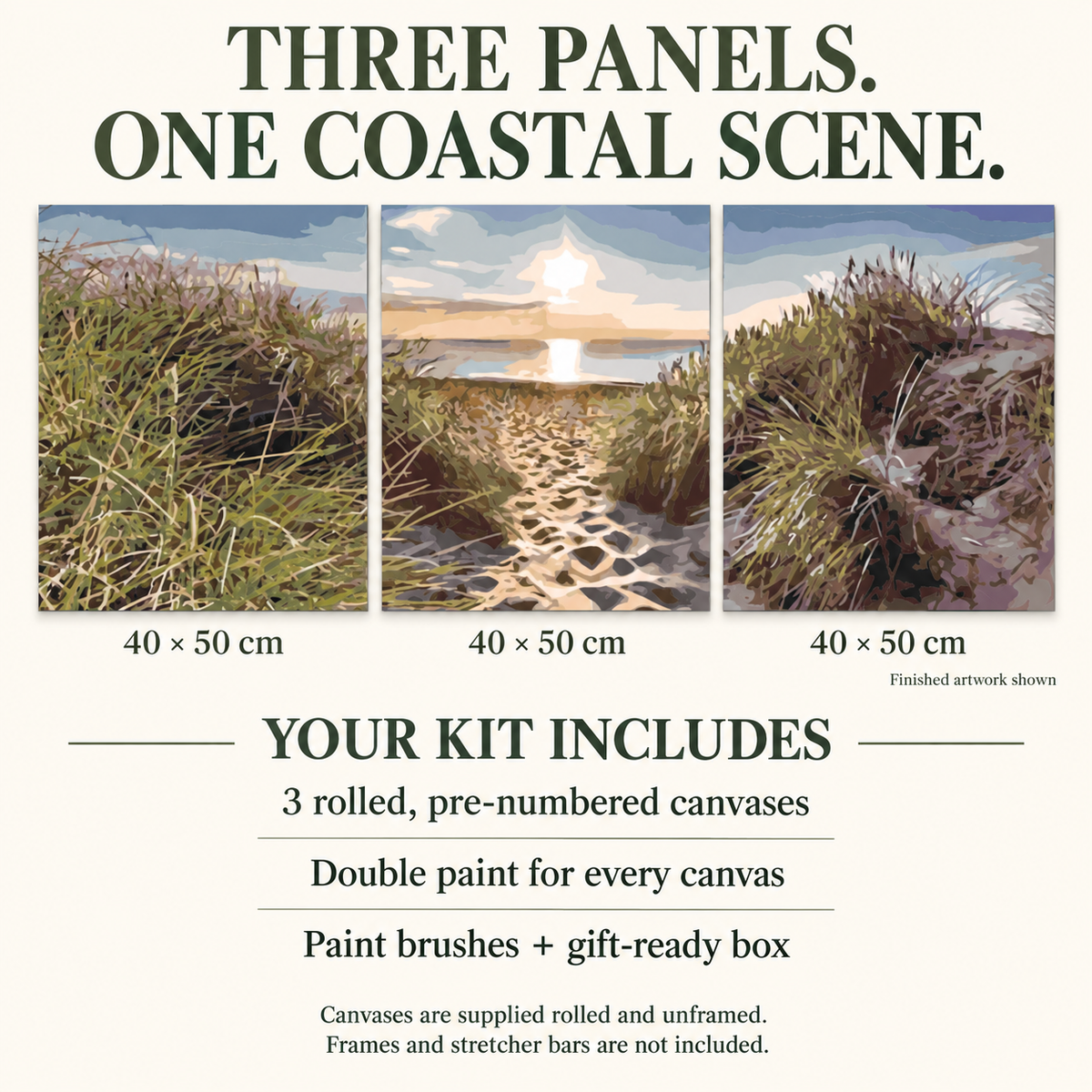 Beach mural size and contents guide: three 40 x 50 cm rolled canvases, double paint for each panel, brushes and gift-ready box. Frames and stretcher bars not included.
