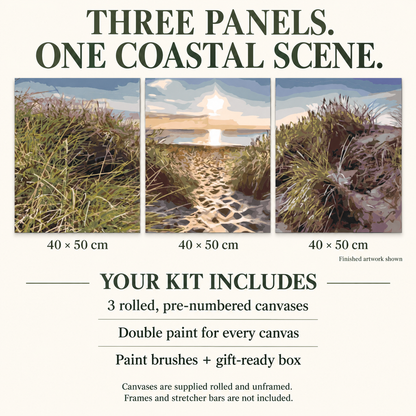 Beach mural size and contents guide: three 40 x 50 cm rolled canvases, double paint for each panel, brushes and gift-ready box. Frames and stretcher bars not included.