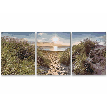 The Beach triptych with dune grasses on the outer panels and a sandy path towards the sea and sunset in the centre. Finished artwork example.