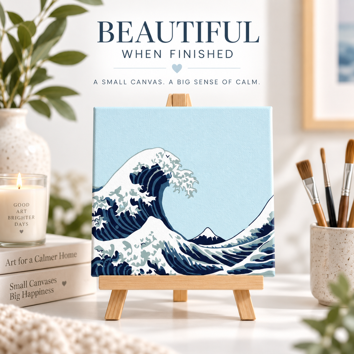 Finished Blue Wave paint by numbers artwork displayed on a small wooden easel