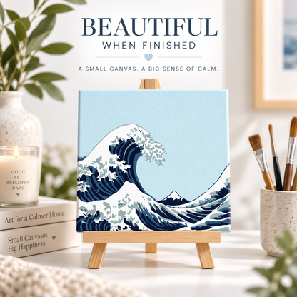 Finished Blue Wave paint by numbers artwork displayed on a small wooden easel