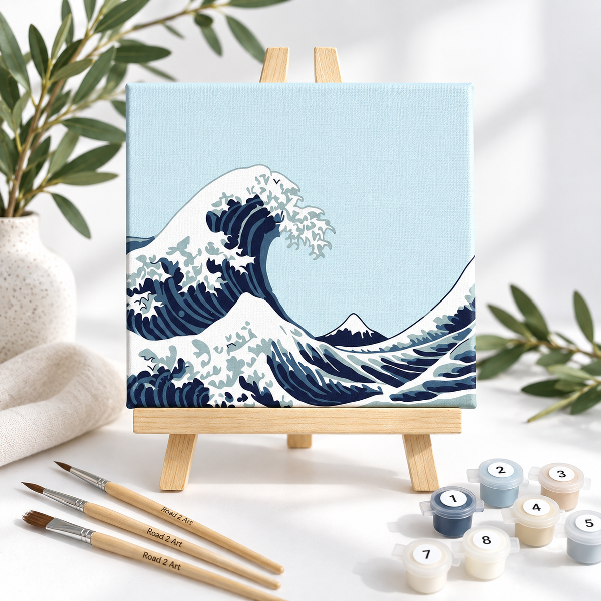 Blue Wave paint by numbers kit with 20 x 20 cm stretched canvas, wooden easel, numbered paints and wooden brushes
