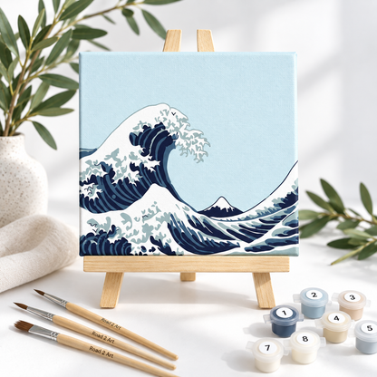 Blue Wave paint by numbers kit with 20 x 20 cm stretched canvas, wooden easel, numbered paints and wooden brushes