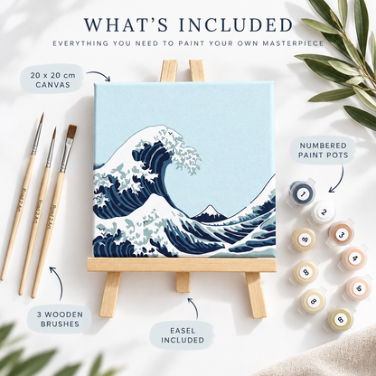 Blue Wave paint by numbers kit contents with 20 x 20 cm canvas, numbered paint pots, three wooden brushes and easel