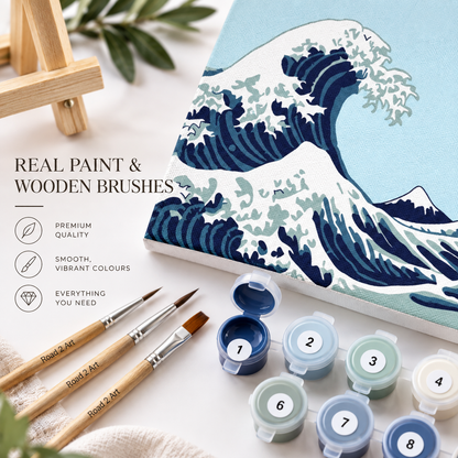 Blue Wave paint by numbers kit with numbered acrylic paints and natural wooden Road 2 Art brushes