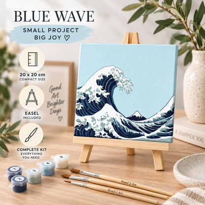 Blue Wave small paint by numbers kit with compact 20 x 20 cm canvas, wooden easel, paints and brushes