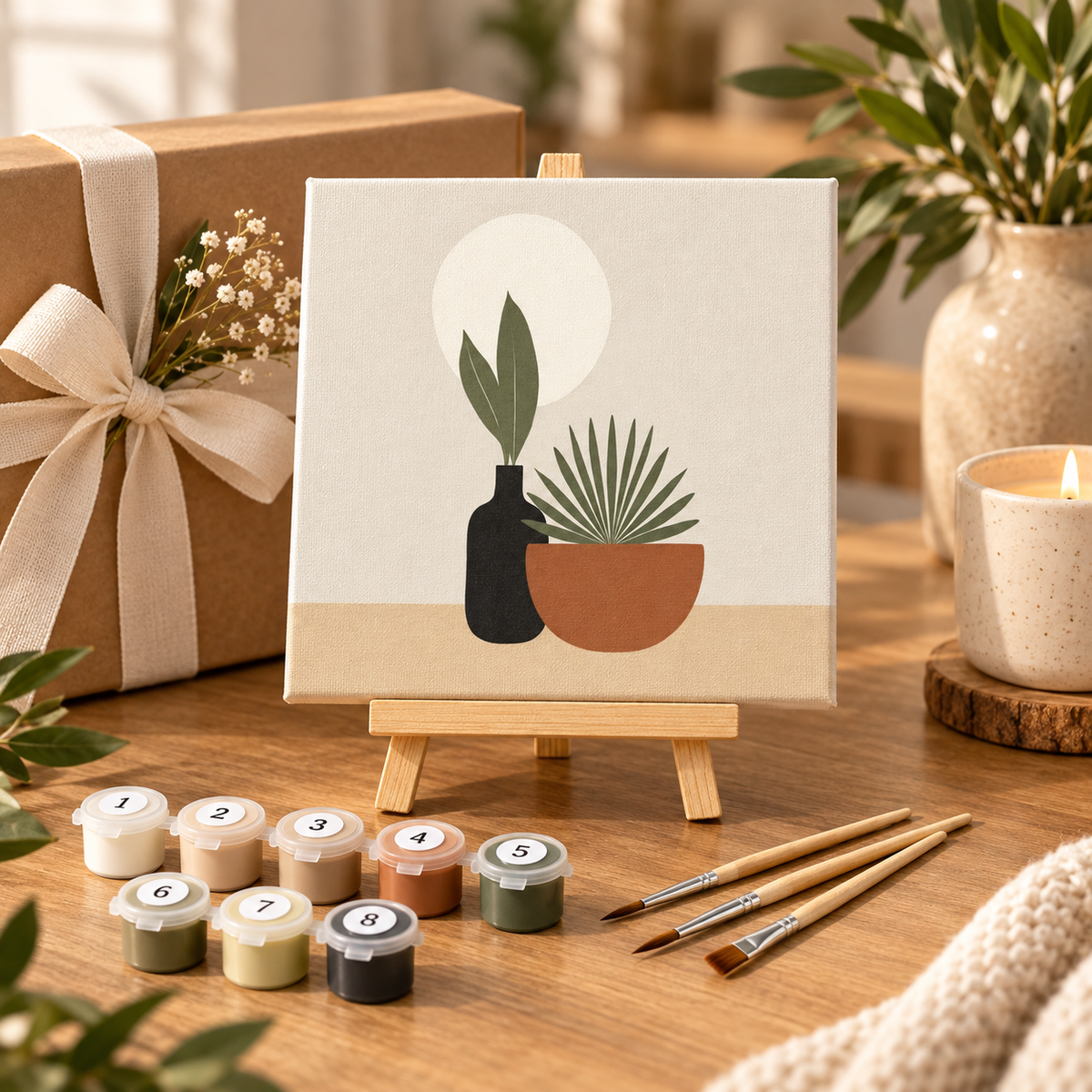 Botanical paint by numbers gift kit with 20 x 20 cm canvas, wooden easel, paint pots and natural wooden brushes