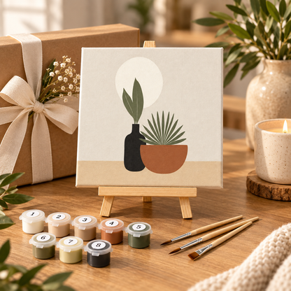 Botanical paint by numbers gift kit with 20 x 20 cm canvas, wooden easel, paint pots and natural wooden brushes