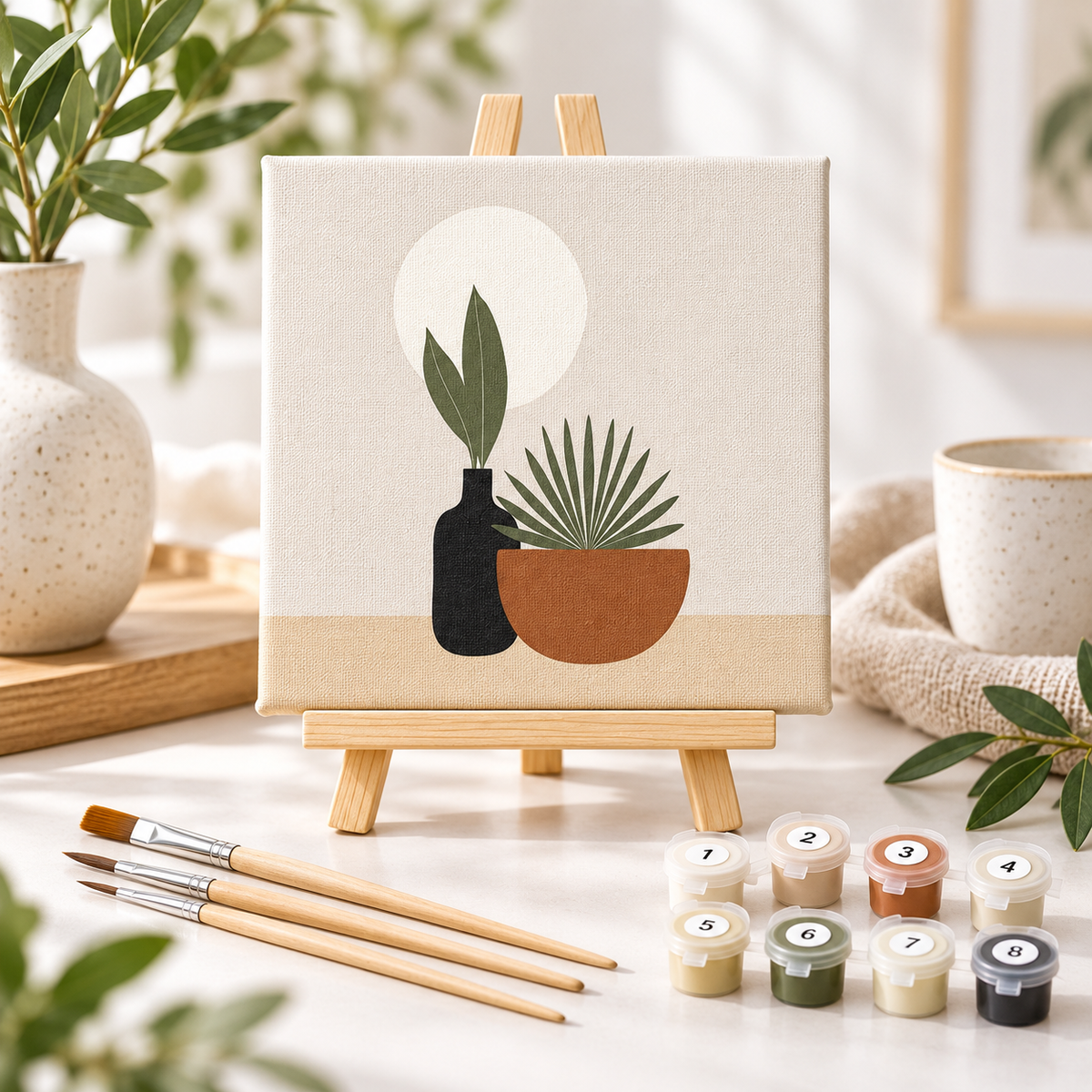 Botanical paint by numbers kit for adults with 20 x 20 cm pre-stretched canvas, tabletop easel, paints and wooden brushes