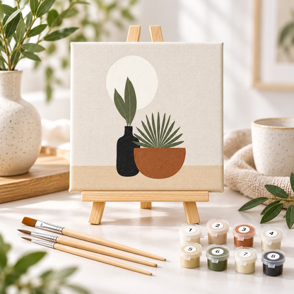 Botanical paint by numbers kit for adults with 20 x 20 cm pre-stretched canvas, tabletop easel, paints and wooden brushes