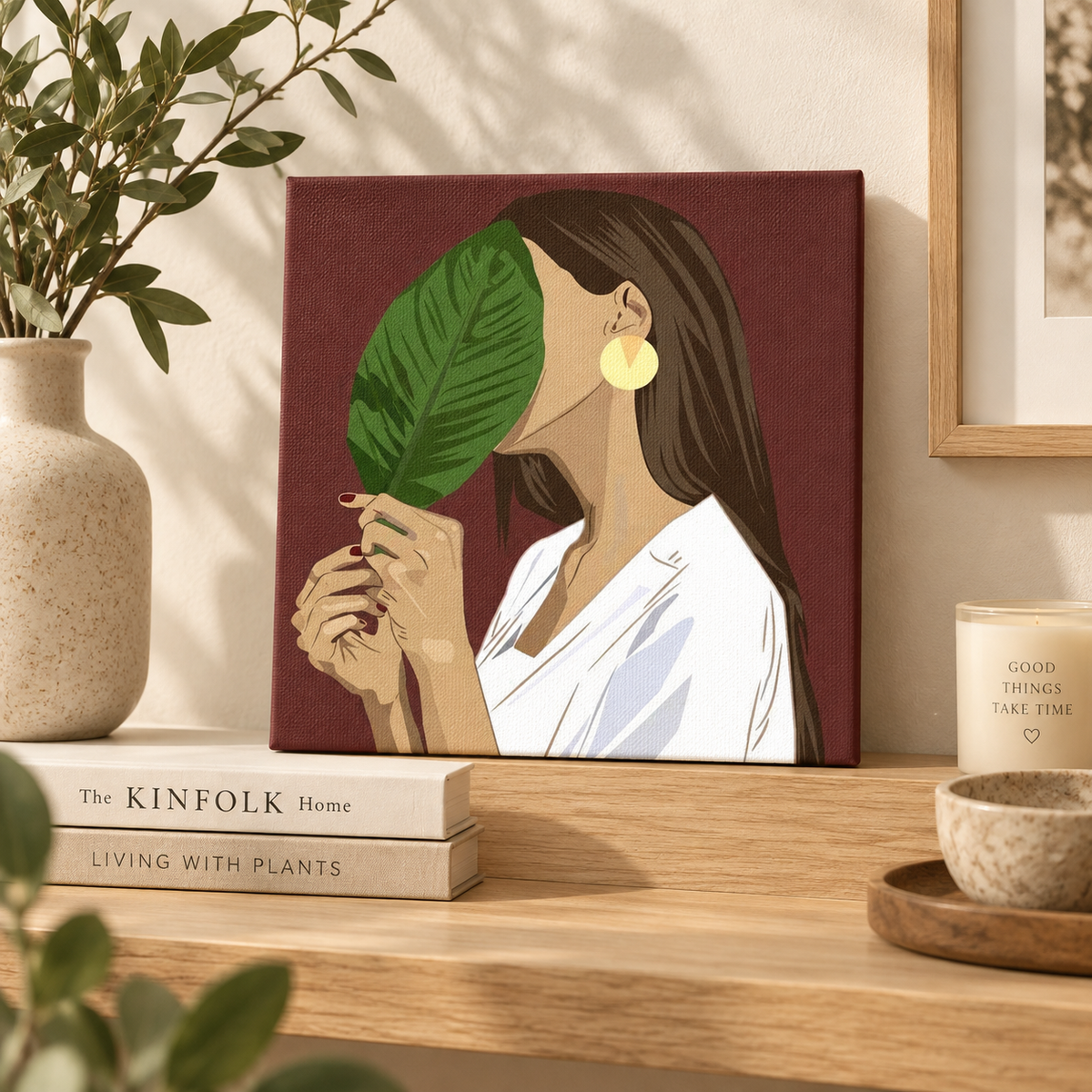 Finished Botanical Woman paint by numbers artwork displayed as modern botanical home decor