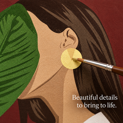 Close-up painting detail on Botanical Woman paint by numbers canvas with a fine wooden brush