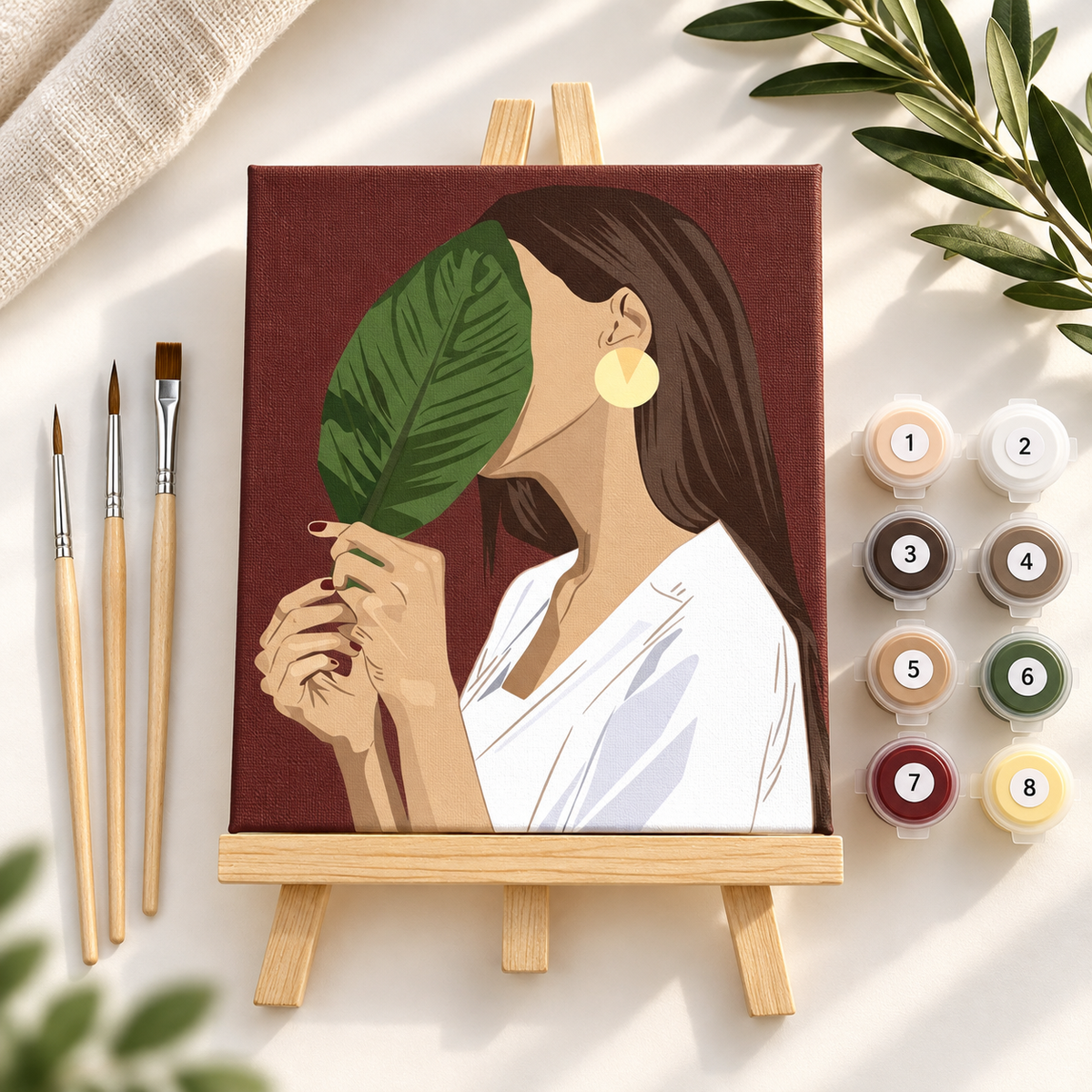 Botanical Woman paint by numbers kit with 20x20cm canvas, paints, wooden brushes and tabletop easel