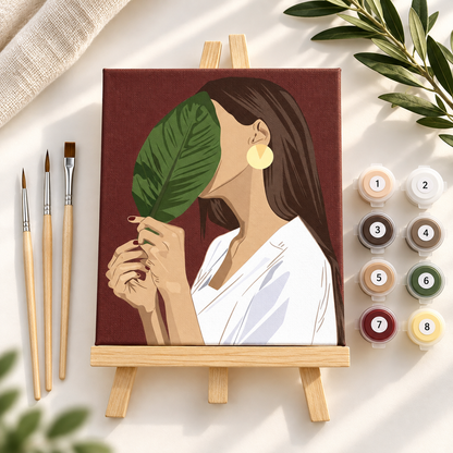 Botanical Woman paint by numbers kit with 20x20cm canvas, paints, wooden brushes and tabletop easel