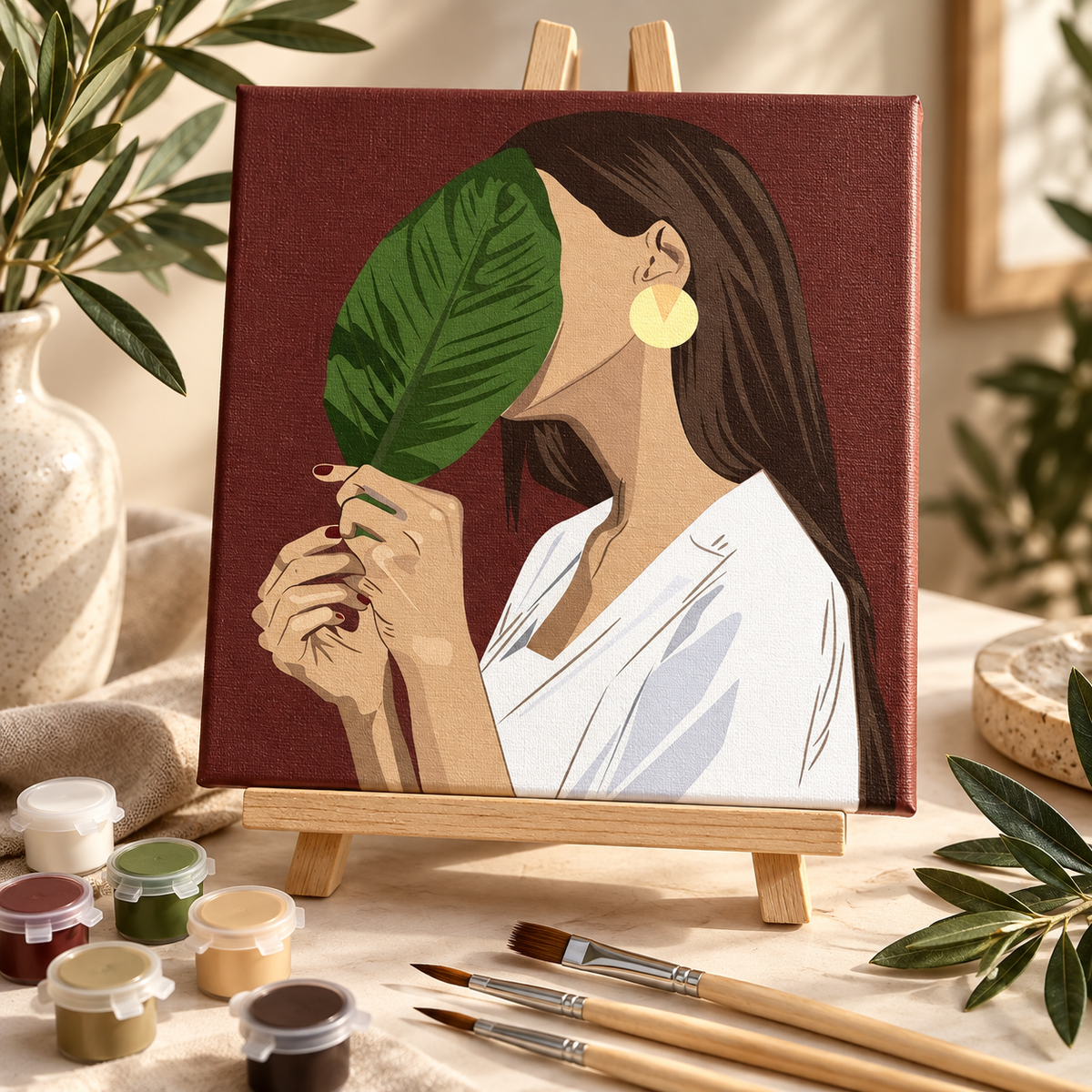 Botanical Woman paint by numbers kit styled in a warm botanical interior