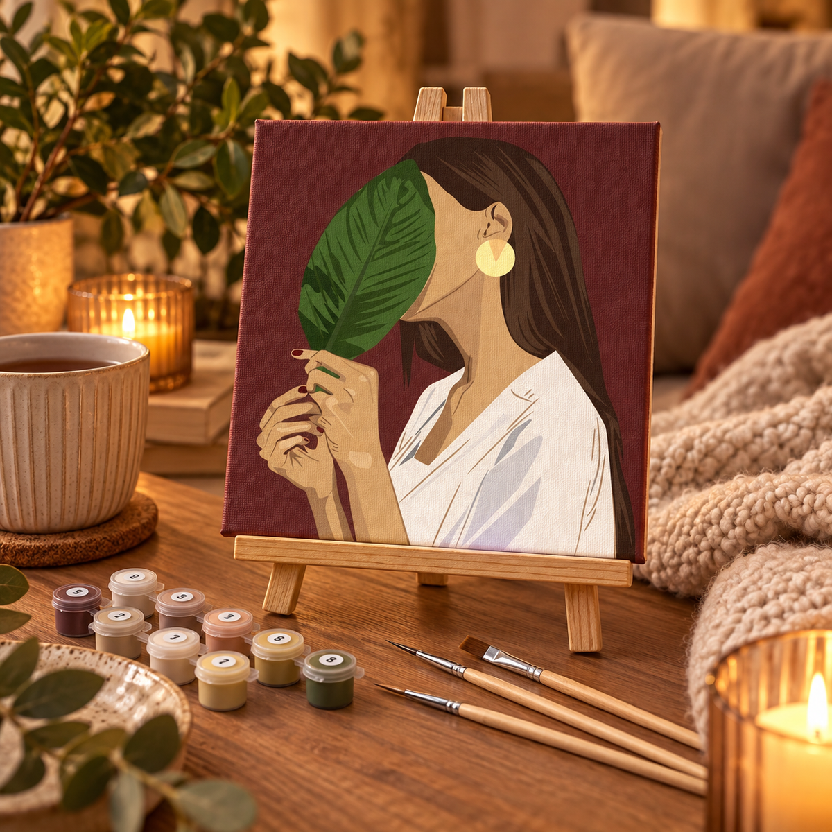 Botanical Woman paint by numbers kit set up for a relaxing screen-free evening