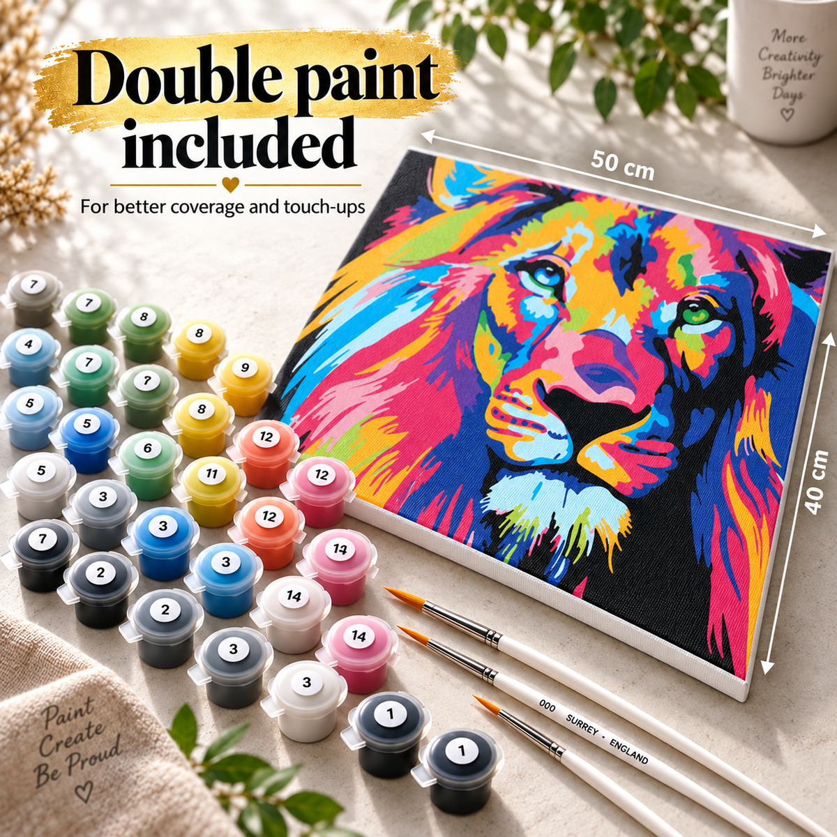 Colourful lion paint by numbers kit showing correct 50 x 40 cm canvas proportions with double paint included for coverage and touch-ups